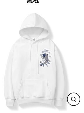 white hoodie featuring a blue koi fish embroidered graphic